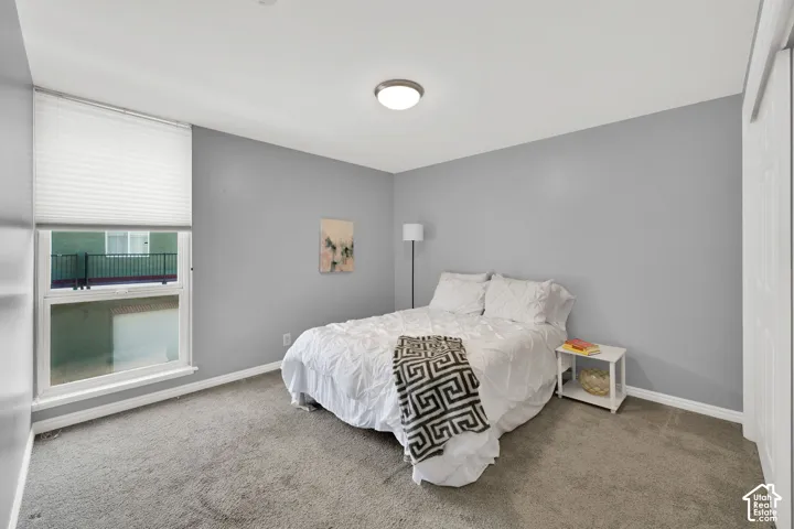 Carpeted flooring, neutral wall color, white window blinds, and white trim throughout