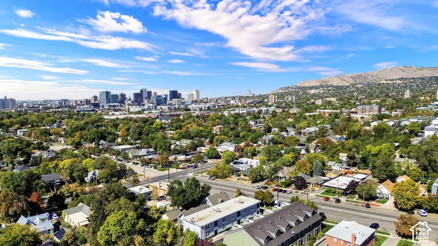 Urban skyline with a mountainous backdrop, surrounded by dense tree cover