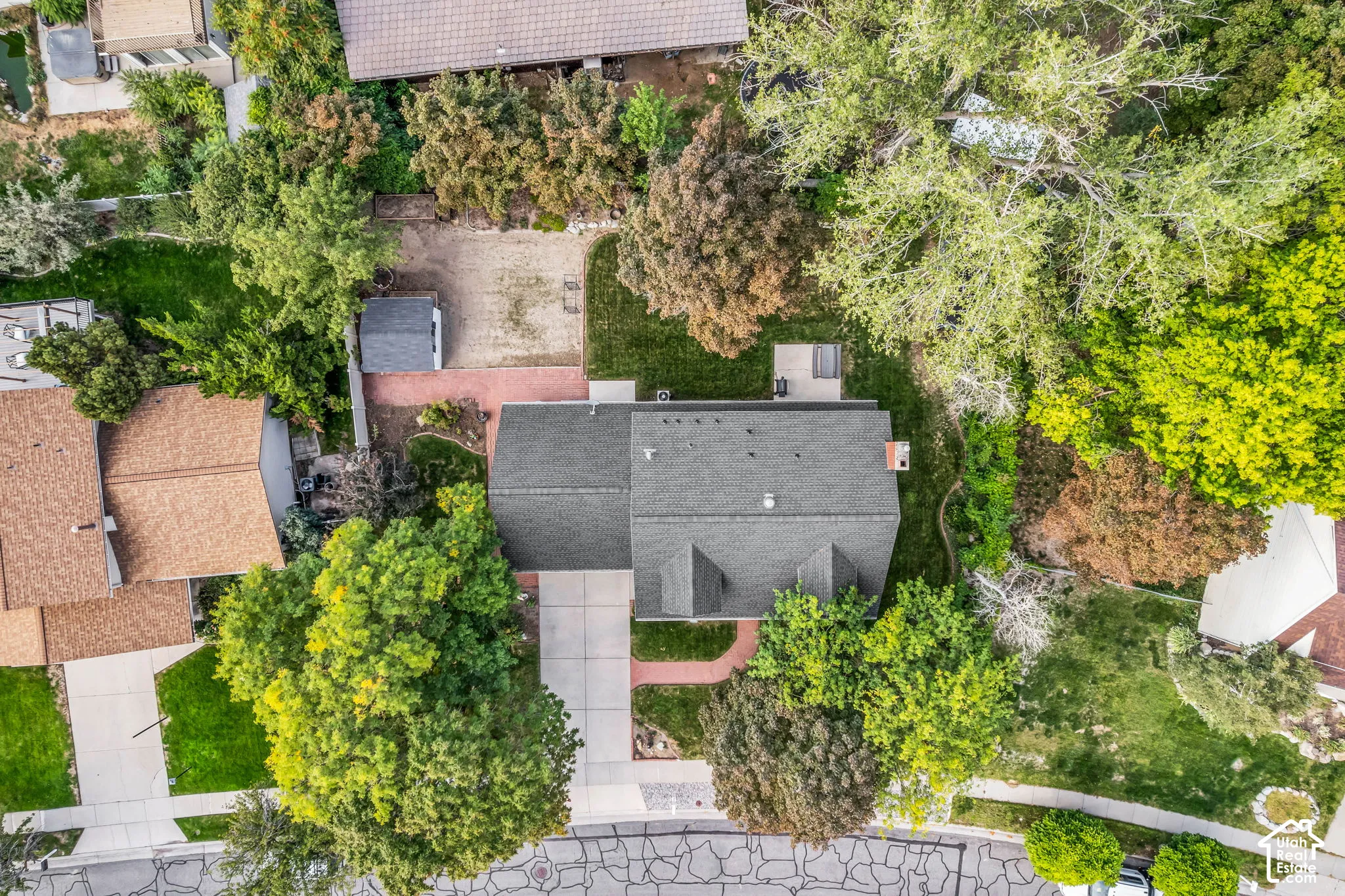 Gabled roofline, mature trees, concrete driveway, lush lawn, and a backyard shed