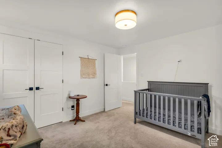 Plush carpeting, bright white walls, and a contemporary flush-mount ceiling light
