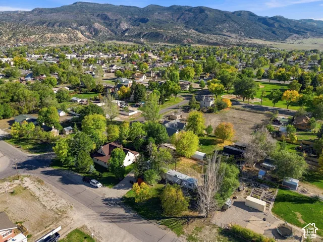Mountain backdrop with a developed community featuring various residential structures and extensive tree coverage