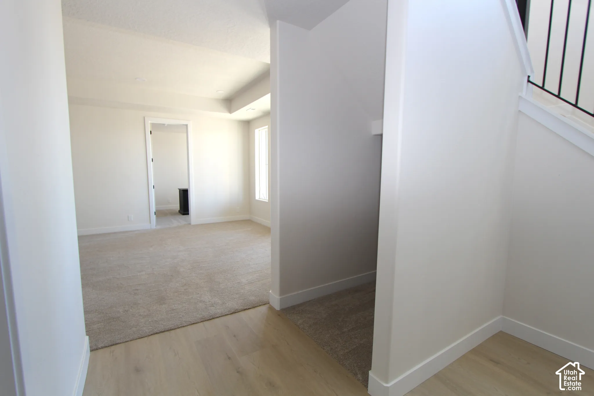 Tray ceiling, light wood-finish flooring, neutral carpeting, white walls, black metal stair railing