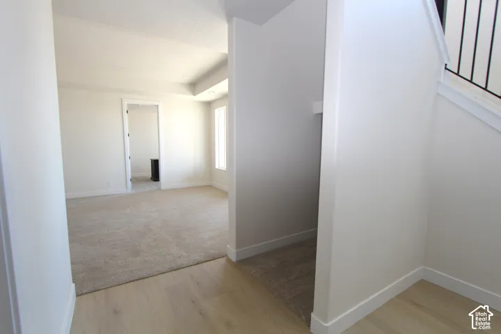 Tray ceiling, light wood-finish flooring, neutral carpeting, white walls, black metal stair railing