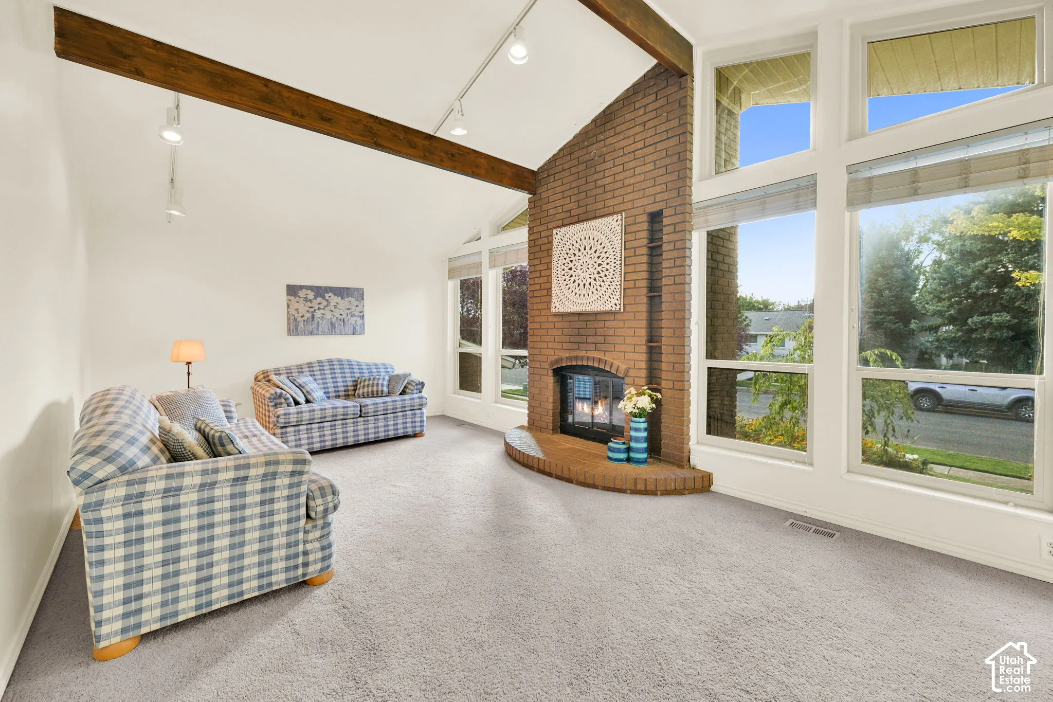 Vaulted ceiling with exposed wood beams