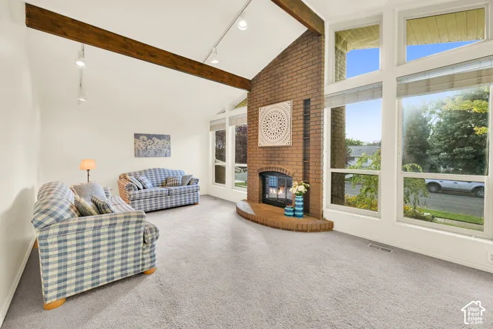 Vaulted ceiling with exposed wood beams