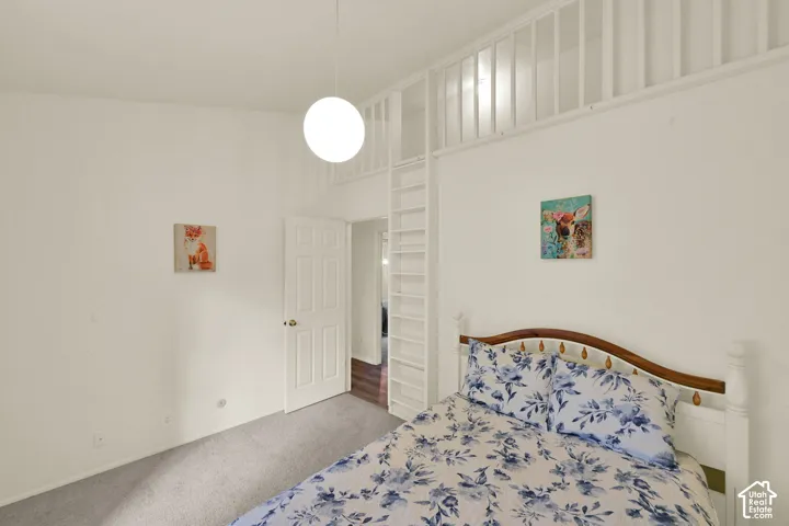 Bedroom 2. Carpeted room with a built-in loft structure, an attached ladder, and a flush-mount spherical light fixture