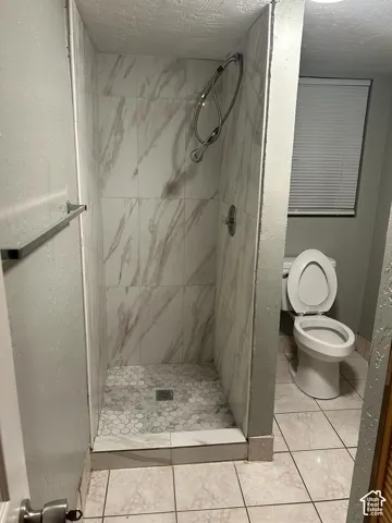 Walk-in shower featuring large-format stone-patterned wall tile, hexagonal floor tile, and a wall-mounted handheld showerhead, accompanied by a ceramic toilet and neutral-tone floor tiling