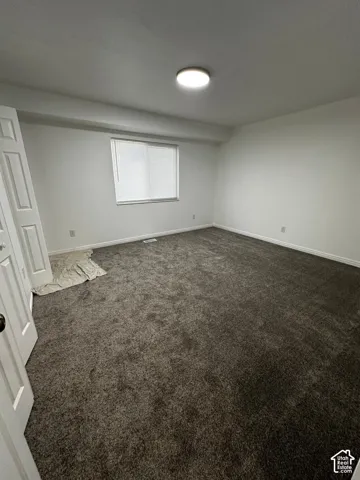 Neutral interior space featuring wall-to-wall carpeting, a flush-mount ceiling light fixture, a recessed window with blinds, and double-panel doors