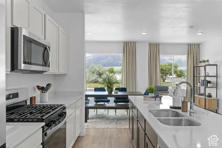 White cabinetry with stainless steel appliances, a kitchen island with dual sinks, and wood-finish flooring