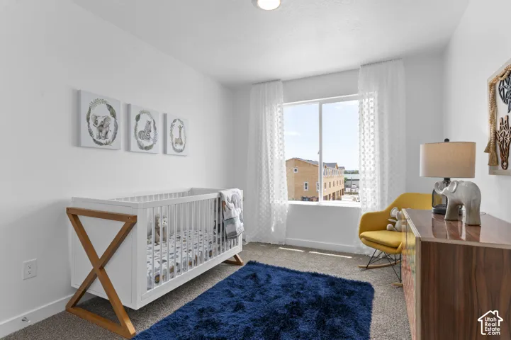 Carpeted flooring, a large window, and a built-in overhead light fixture