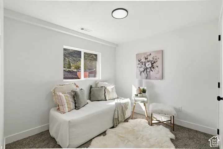 Carpeted room with white walls, a recessed window, and a flush-mount ceiling light