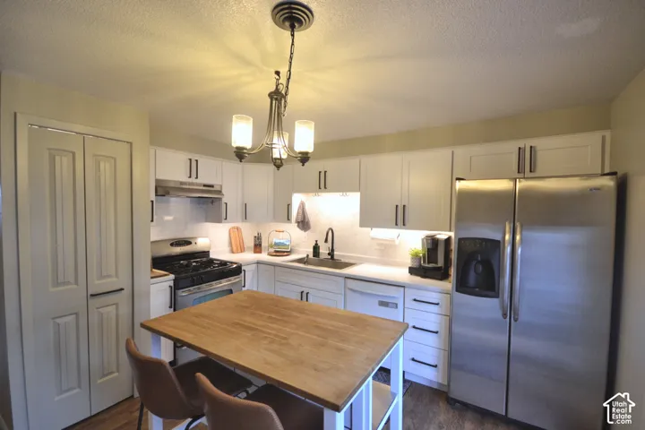 Kitchen with white cabinetry, stainless steel appliances, and a central wood-finish island
