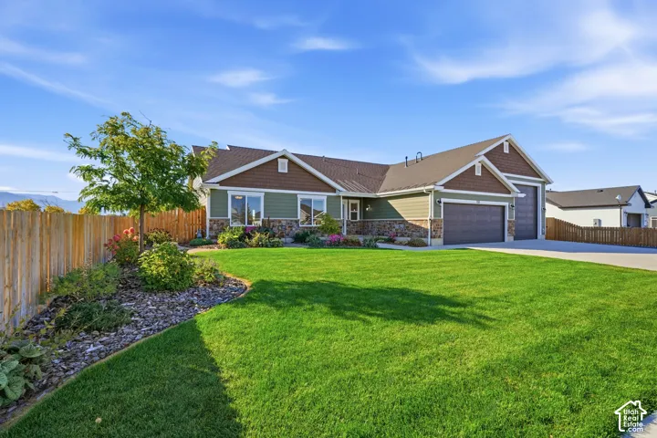 Crafted exterior with green siding and stone accents