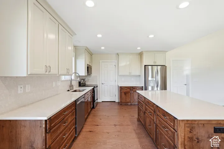 Kitchen featuring wood-finish flooring, two-tone cabinetry, stainless steel appliances, a large center island, and recessed lighting