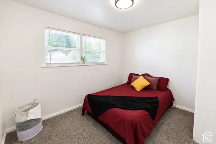 Neutral-toned room featuring neutral wall-to-wall carpeting, dual-pane windows, and a flush-mount light fixture