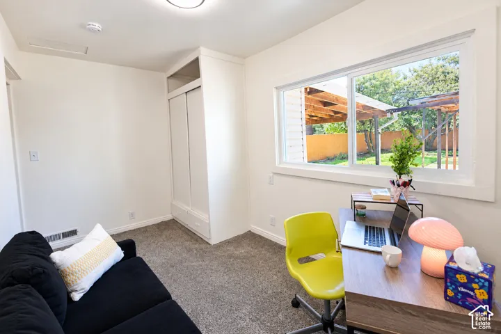 Built-in white storage cabinetry, plush carpeting, and a horizontal sliding window