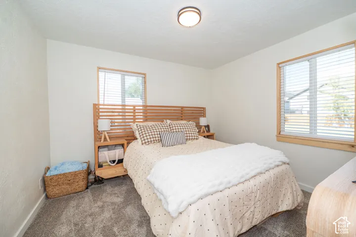 Light-colored walls with textured finish, wall-mounted ceiling light fixture, two windows with blinds, and gray carpeting