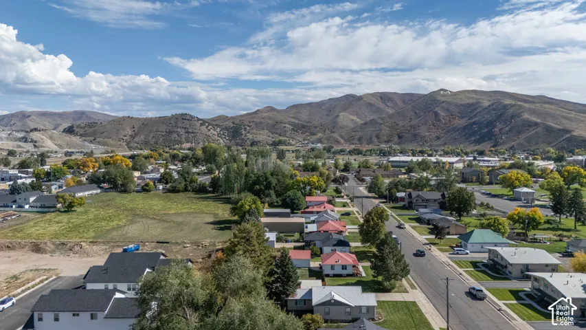 Residential street with varied architectural styles, mature trees, and a mountain backdrop