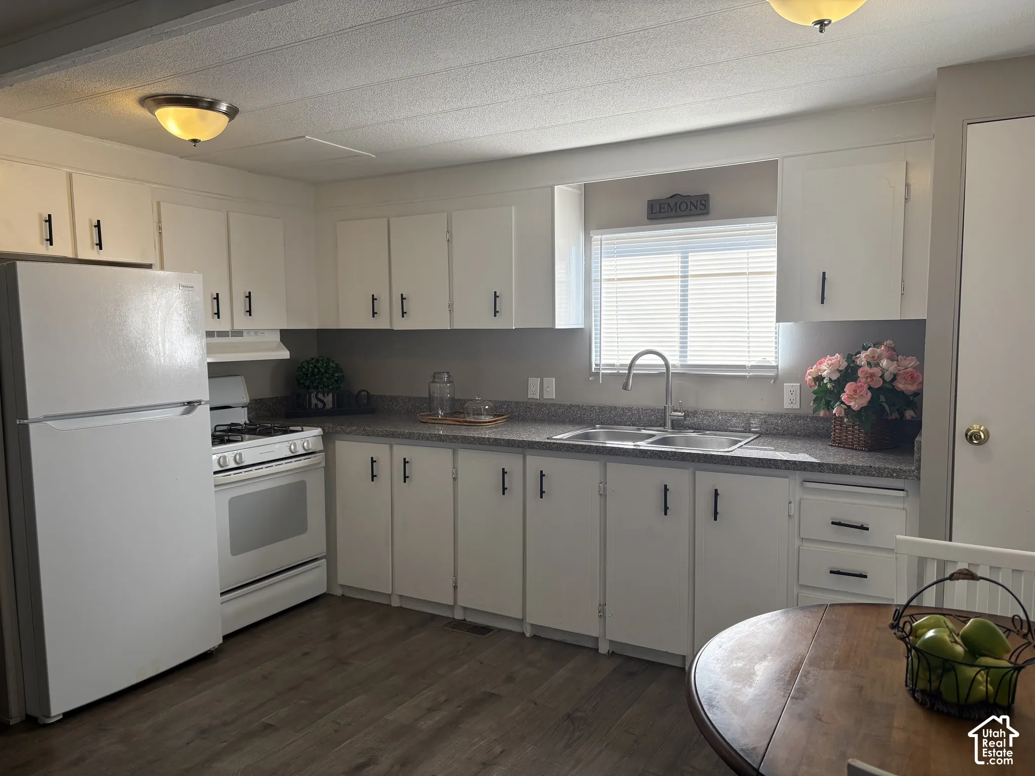 Kitchen featuring white cabinetry, wood-finish flooring, a double basin stainless steel sink, and speckled countertops