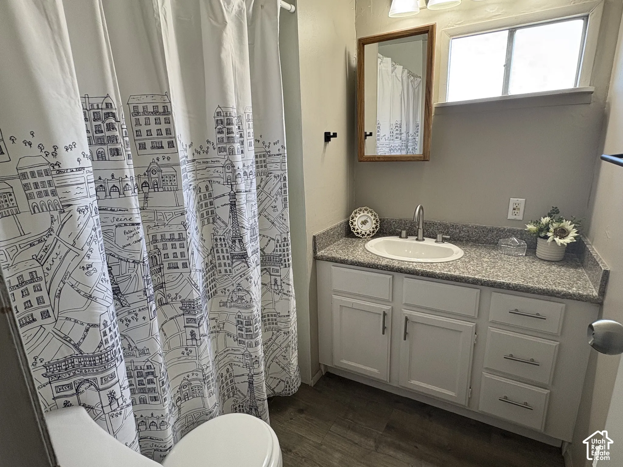 Vanity with integrated sink, granite-finish countertop, and white cabinetry