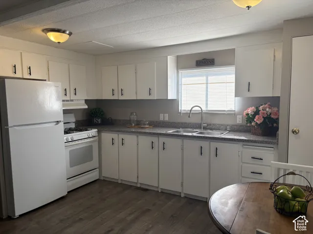 Kitchen featuring white cabinetry, wood-finish flooring, a double basin stainless steel sink, and speckled countertops