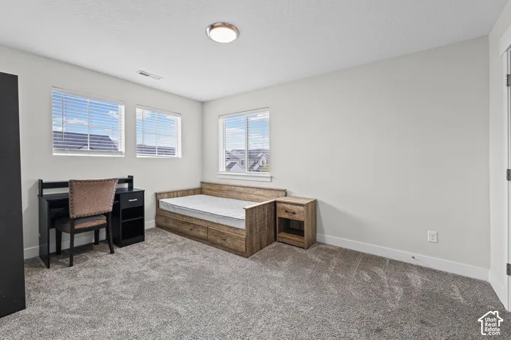 Plush carpet flooring, multiple windows with blinds, recessed ceiling light, and light-toned walls