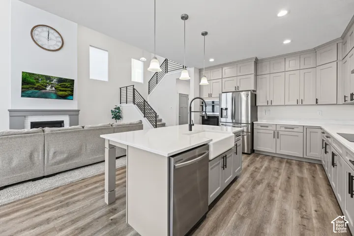 Gourmet kitchen featuring a large island, farm sink, stainless steel appliances, and abundant light gray cabinetry