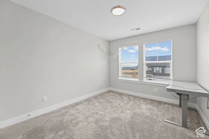 Neutral gray walls with white trim, two windows, and a flush mount ceiling light