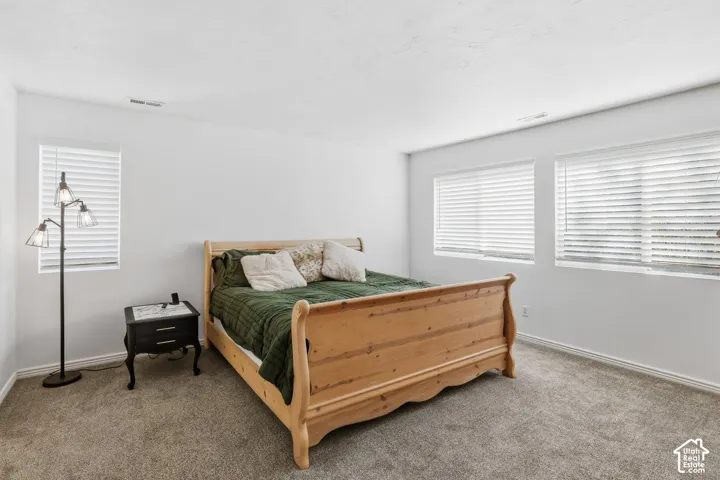 Room featuring multiple windows, white walls, and light-colored carpeting