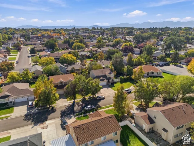 Aerial perspective of an established residential area featuring detached homes with various rooflines and mature landscaping