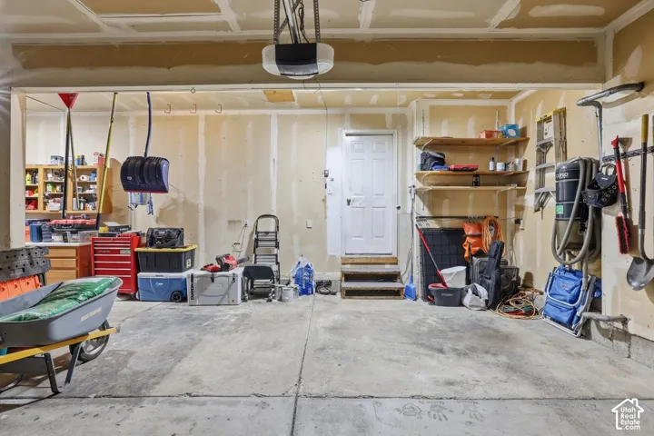 Concrete flooring with expansion joints, overhead garage door opener mechanism, interior access door with steps, and built-in shelving units