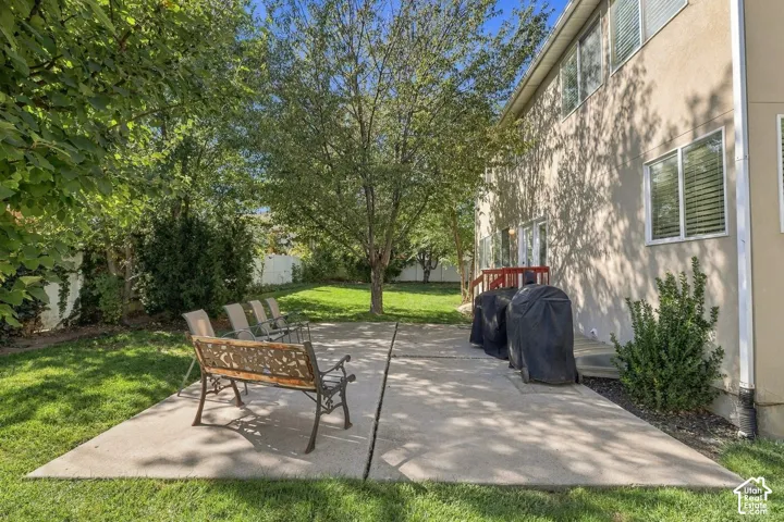 Expansive backyard featuring a concrete patio, mature trees, and a stucco exterior with multiple windows