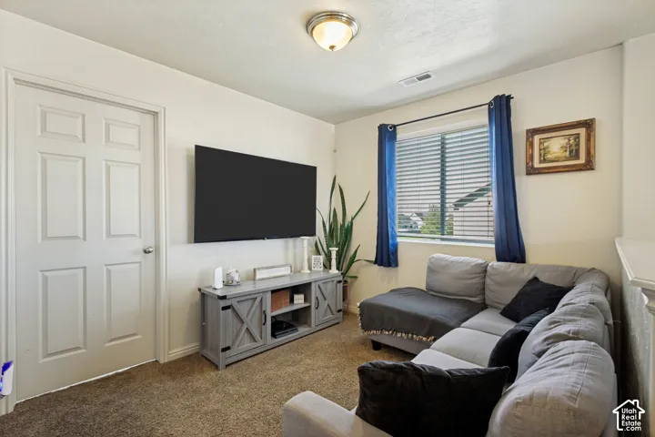 Wall-mounted television with media console, carpeted flooring, and window with blinds