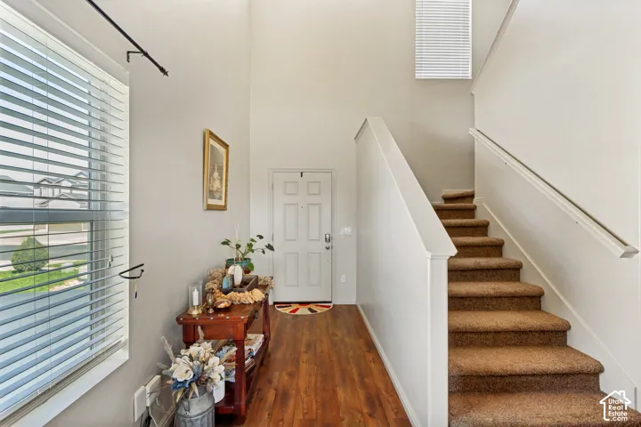 Entryway with wood-finish flooring, a paneled entry door, and a carpeted staircase with a handrail
