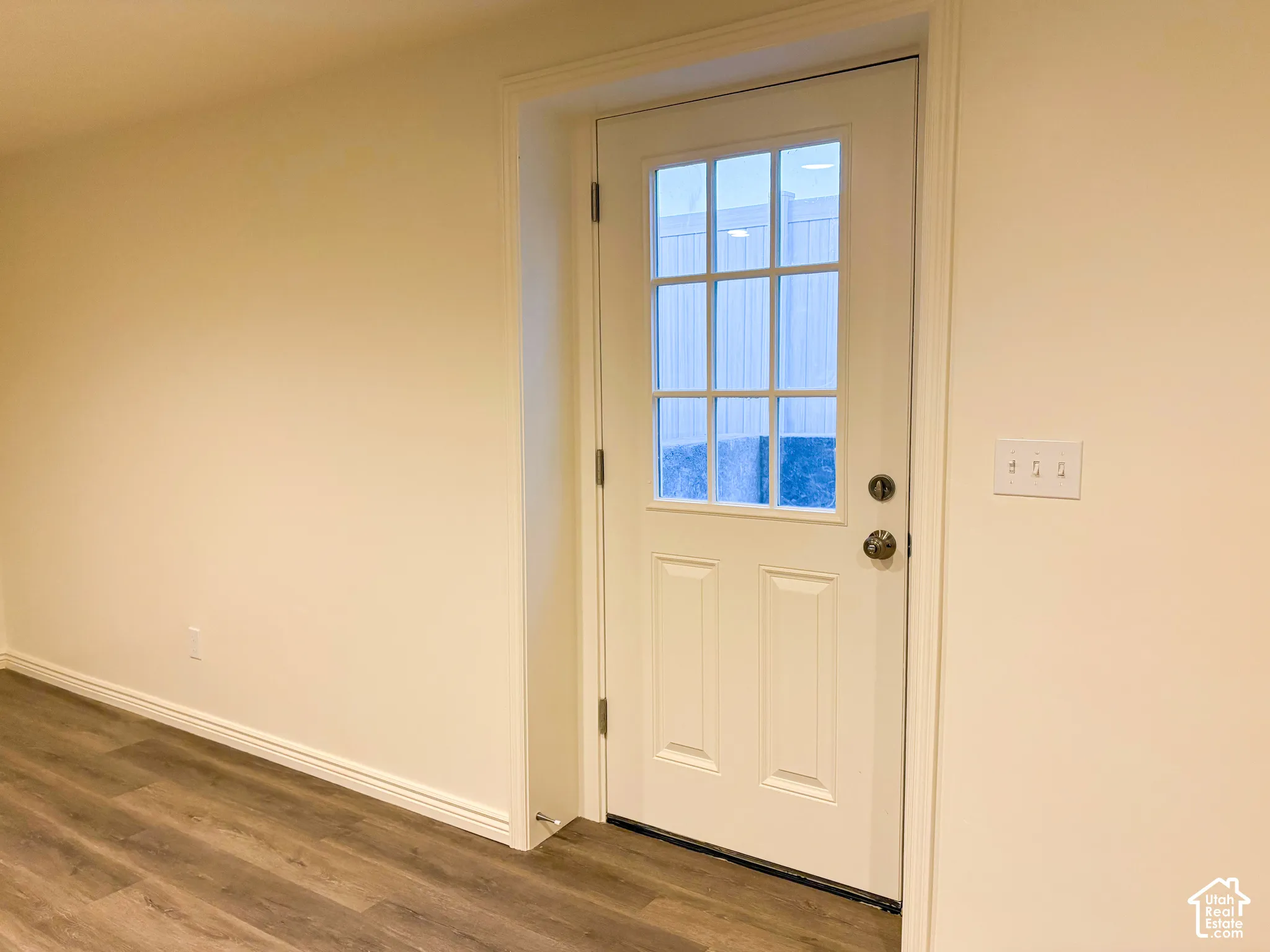 White paneled door with divided lite glass, wood-finish flooring, and light-toned walls