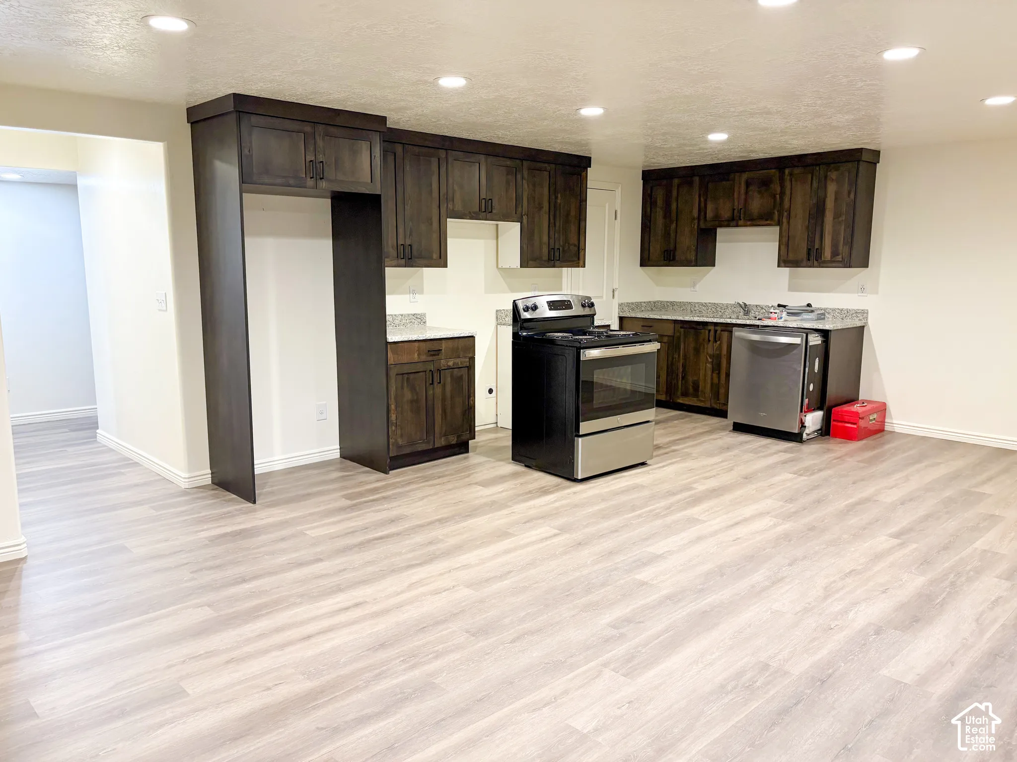 Wood-finish flooring, recessed lighting, dark wood cabinetry, light-colored countertops, and stainless steel appliances