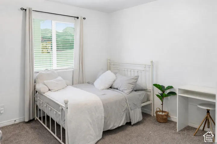 Bright room featuring a window with blinds and curtains, neutral wall paint, and gray carpeting