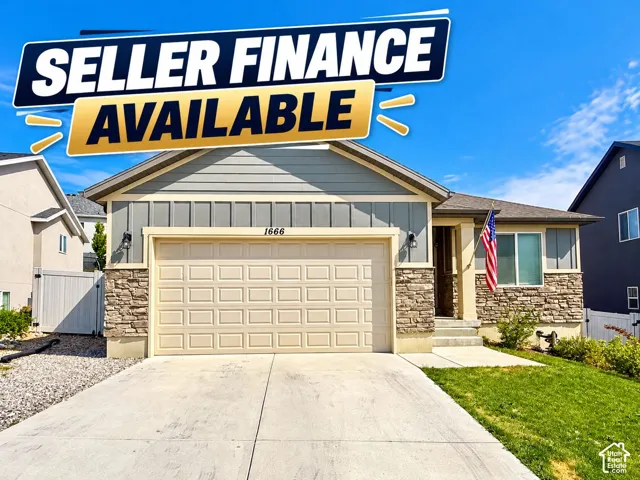 Single-story exterior featuring a composite stone veneer, vertical and horizontal siding, an attached two-car garage, and a concrete driveway