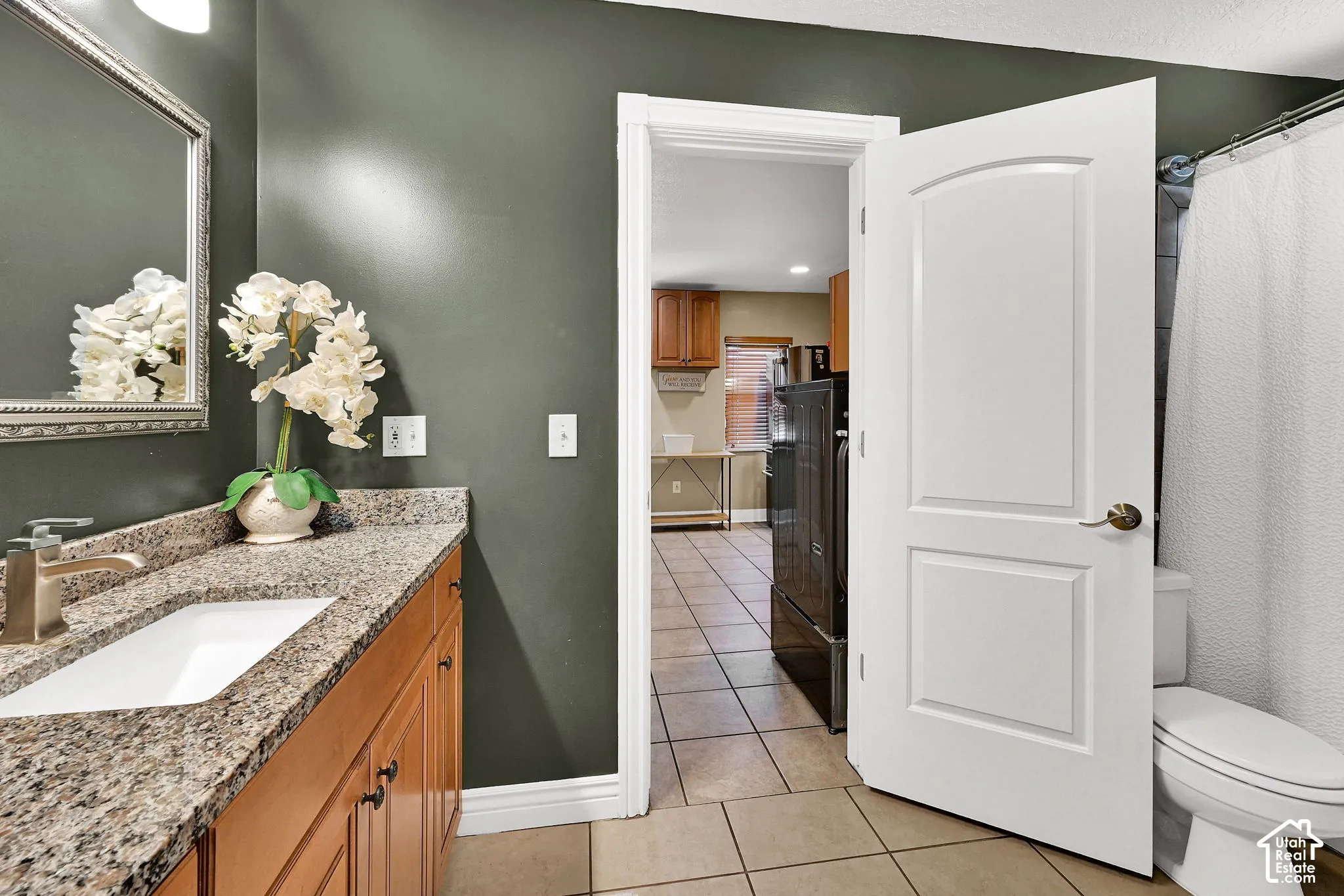 Granite-finish countertop with an undermount sink, brushed nickel faucet, and wood-finish vanity cabinetry