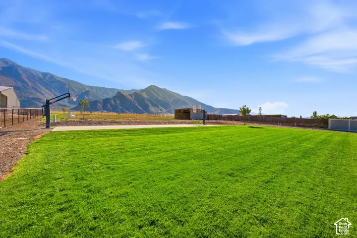 Expansive lawn area with a paved court, basketball hoop, and distant mountain scenery