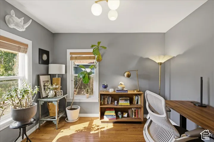 Hardwood flooring, painted walls, two windows with blinds, and a built-in bookshelf