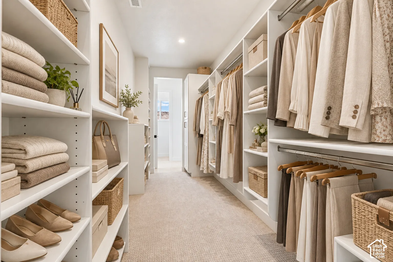 Integrated custom shelving, extensive hanging rods, recessed ceiling lighting, and light-toned carpeting