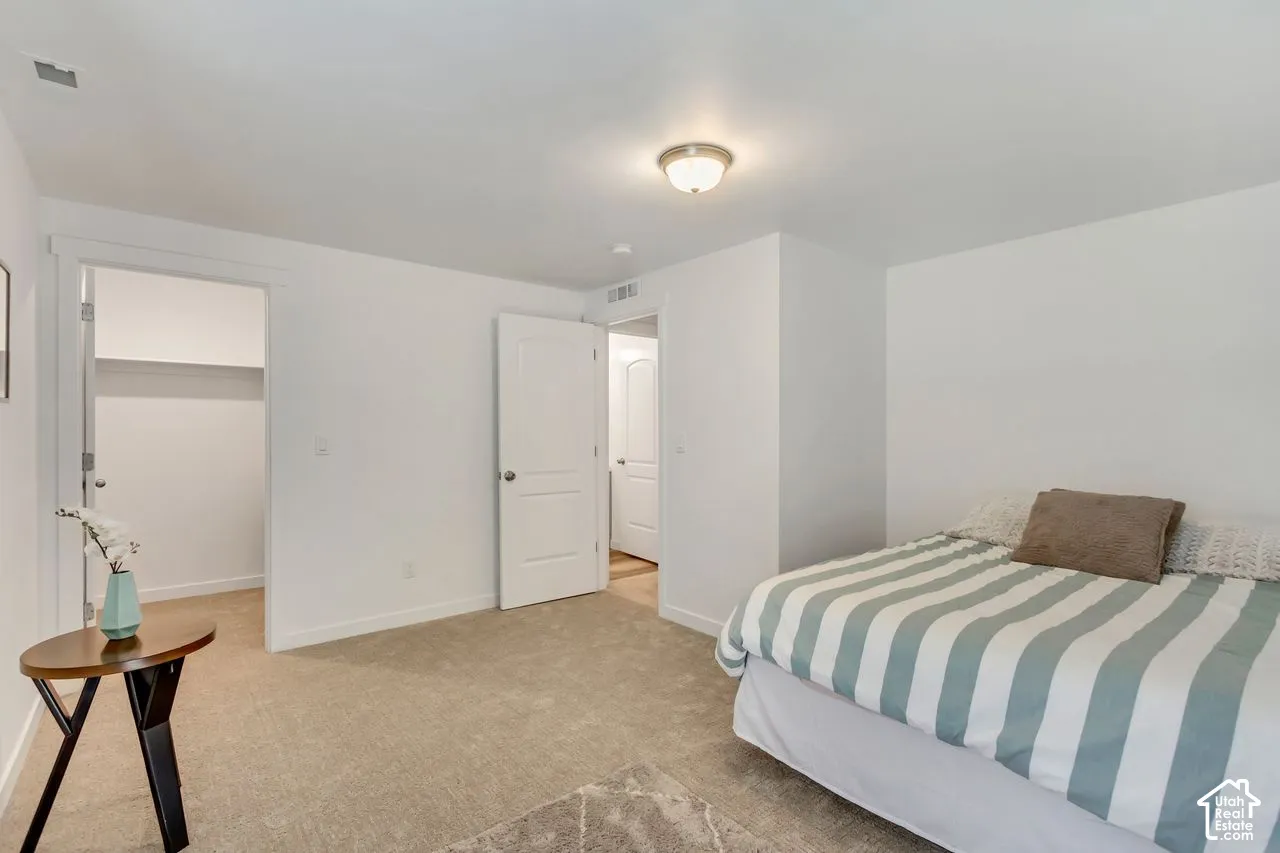 Neutral wall paint with carpeted flooring, featuring a built-in closet with shelving and a flush mount ceiling light fixture