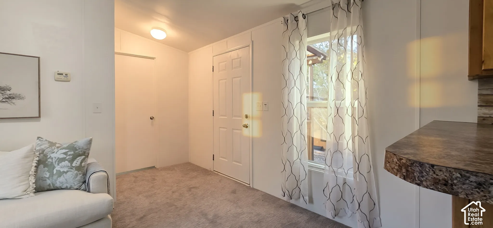 Carpeted flooring, window with sheer curtains, paneled walls, flush mount lighting, and a solid surface countertop