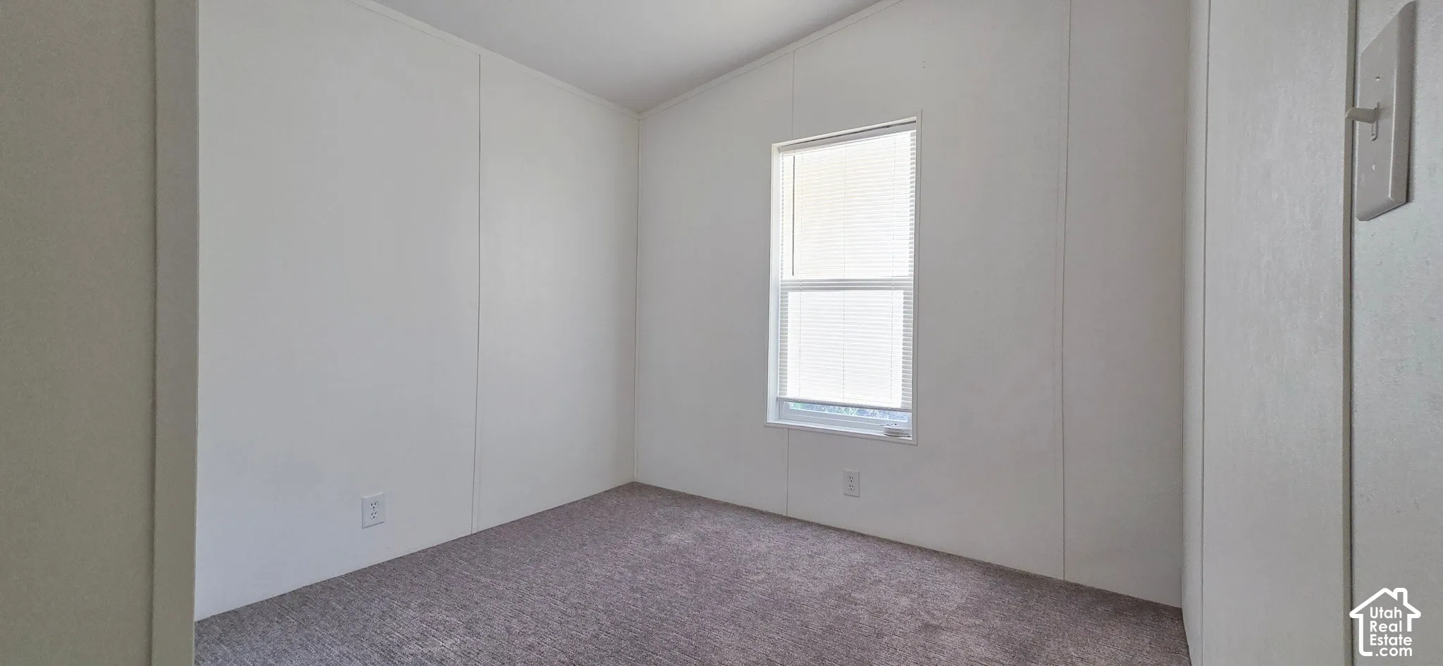 Neutral-toned wall paneling with a double-hung window featuring blinds, complemented by gray carpet flooring