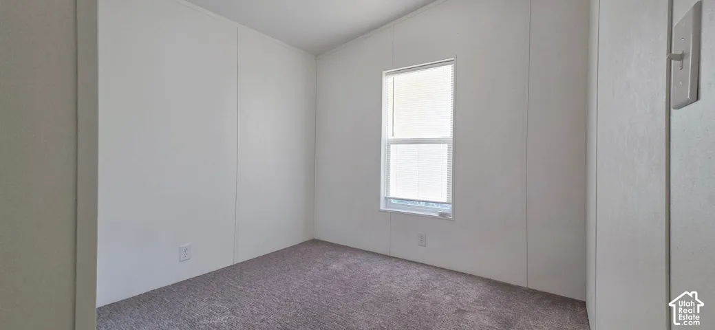Neutral-toned wall paneling with a double-hung window featuring blinds, complemented by gray carpet flooring
