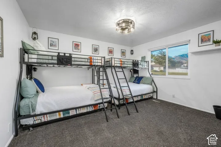 Recessed lighting fixture, bunk bed frames, wall-mounted shelf, carpet flooring, and a large window