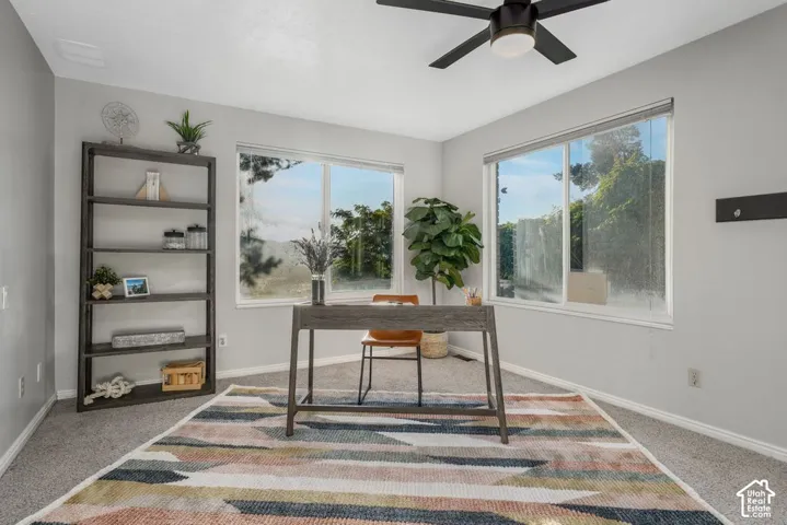 Recessed lighting, ceiling fan, multiple windows, carpet flooring, and a built-in bookshelf