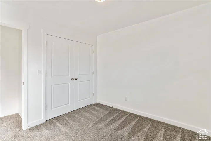 Neutral-toned wall-to-wall carpeting, white walls, and a white bi-fold closet door with circular door handles