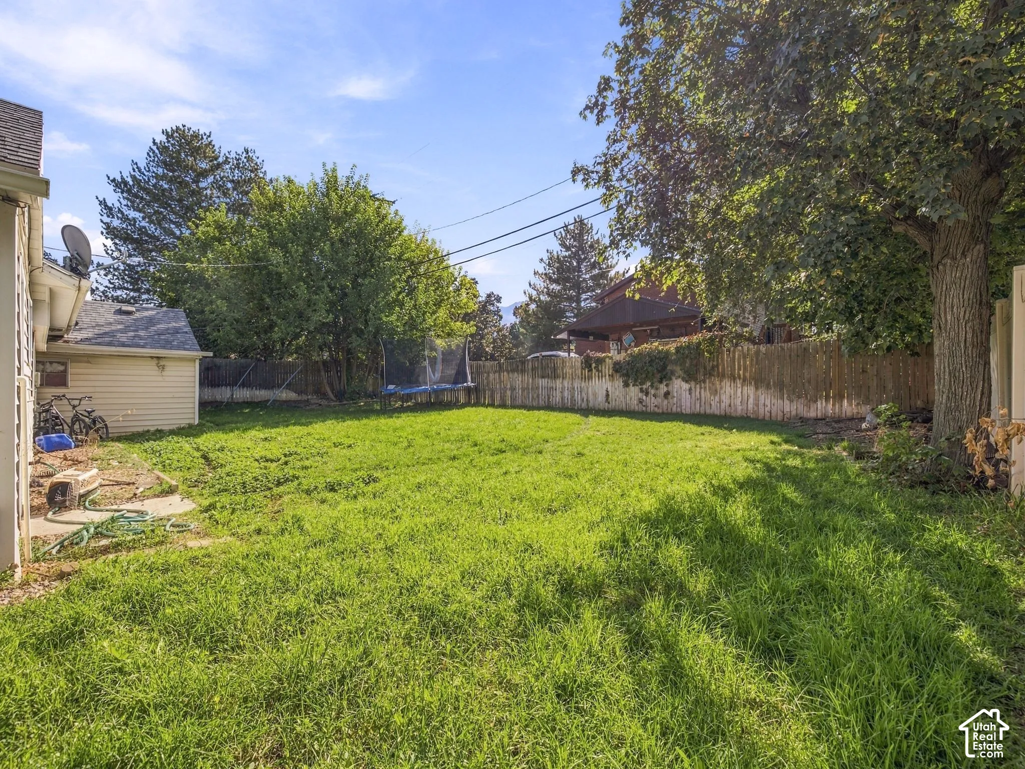 Expansive grassy yard with mature trees and a privacy fence